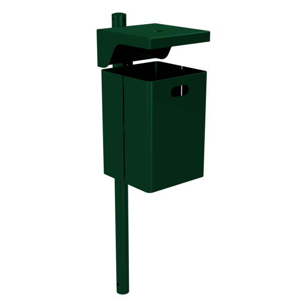 Square litter bin with cover, with ashtray | hot dipped galvanized and coated RAL 6005 | with standingpost 60x1300mm